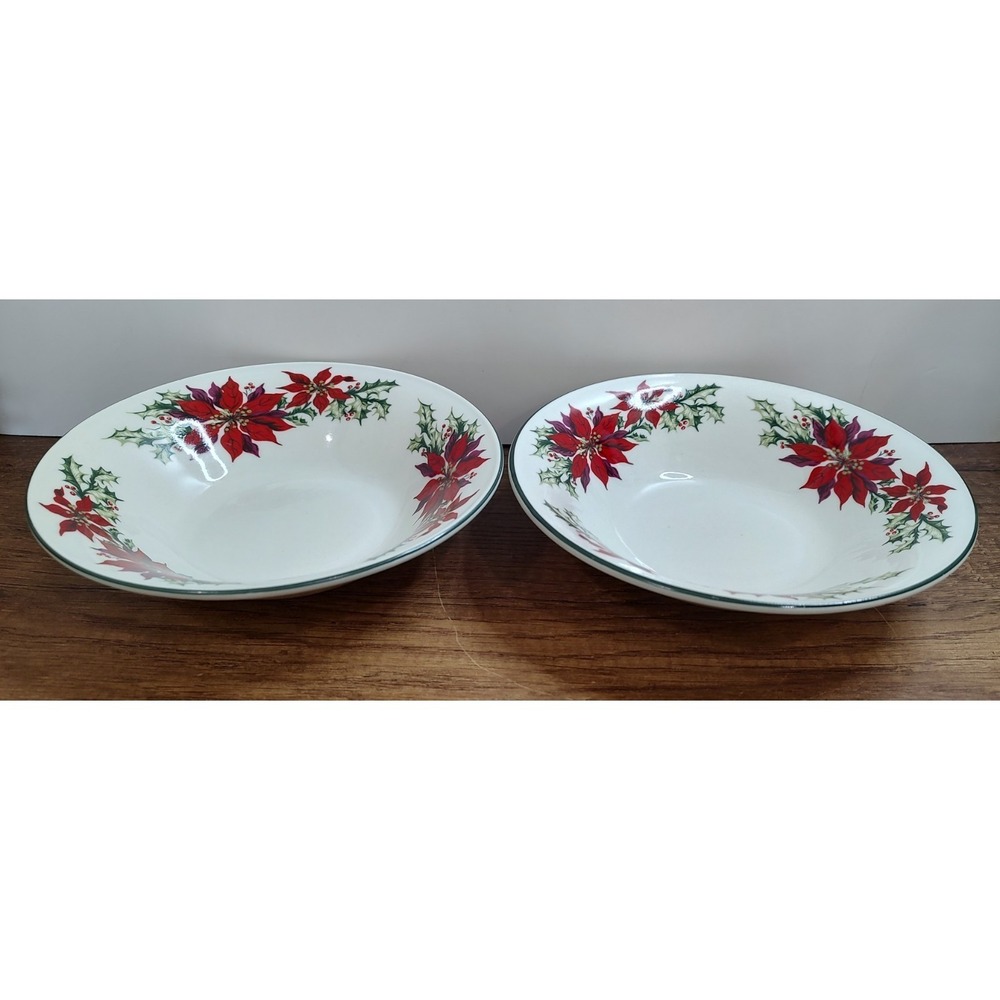 Set of 2 TOTALLY TODAY 7 1/2" Porcelain CEREAL SOUP BOWL CHRISTMAS POINSETTIA